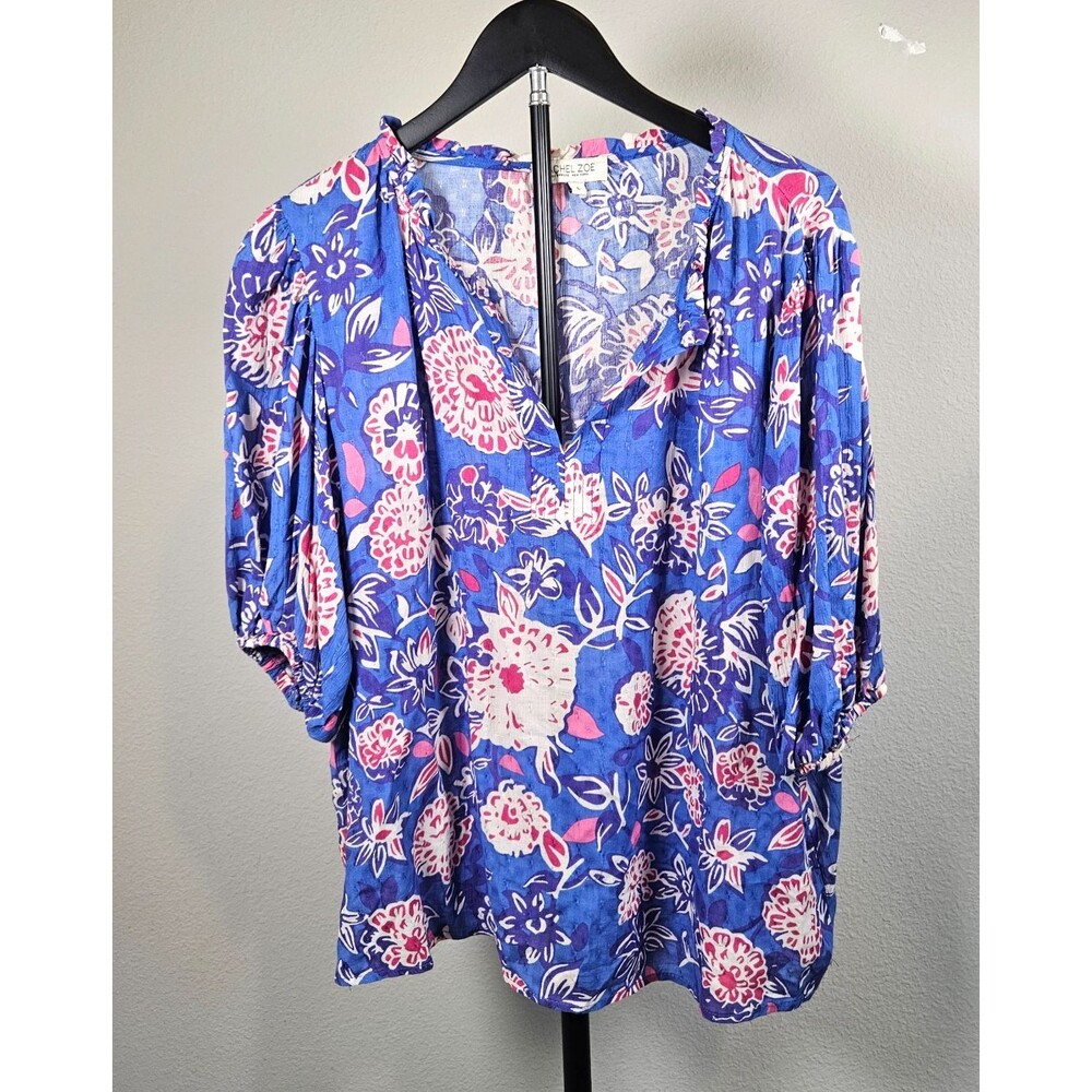 Rachel Zoe Womens Blouse L Blue Pink Floral Boho Peasant Top 3/4 Sleeve Rayon